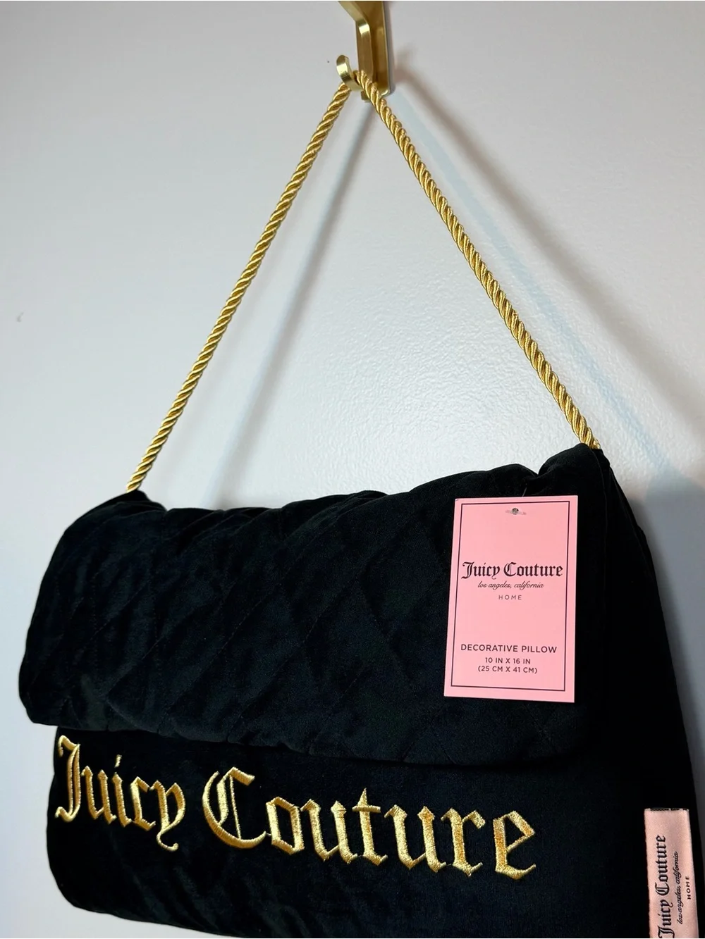 Juicy Couture Home Black Purse Decorative Pillow Gold Logo NWT 10x16